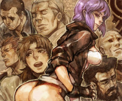 Rule 34 | 1girl, 6+boys, ass, batou (gits), beard, boma (gits), cigarette, cropped jacket, facial hair, fingerless gloves, from behind, ghost in the shell, ghost in the shell stand alone complex, gloves, ishikawa (gits), kusanagi motoko, leaning forward, leotard, looking at viewer, looking back, multiple boys, paz (gits), purple hair, red eyes, ruushii, saitou (gits), scar, short hair, thong, thong leotard, togusa (gits)