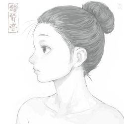Rule 34 | 1girl, artist logo, closed mouth, collarbone, expressionless, from side, greyscale, hair bun, monochrome, nude, original, shu-mai, simple background, single hair bun, solo, white background