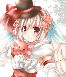 Rule 34 | 1girl, :3, alternate color, black headwear, blush, bow, breasts, cleavage, closed mouth, commentary request, detached sleeves, grey hair, hairband, hat, hat bow, looking at viewer, lowres, medium breasts, momozakura nanao, official alternate costume, pink eyes, poring, ragnarok online, ranger (ragnarok online), red bow, red hairband, scarf, short hair, smile, solo, top hat, underbust, upper body, white scarf, white sleeves