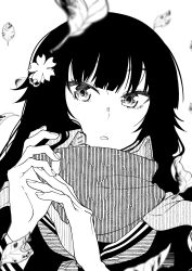 Rule 34 | 1girl, black hair, blunt bangs, commentary request, falling leaves, flower, girls&#039; frontline, greyscale, hair flower, hair ornament, highres, leaf, long hair, long sleeves, looking at viewer, monochrome, nakiusagi, parted lips, sailor collar, scarf, school uniform, simple background, solo, type 100 (girls&#039; frontline), upper body, white background