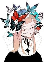 Rule 34 | 1girl, black-framed eyewear, black ribbon, black shirt, blue butterfly, blue eyes, blunt bangs, bug, butterfly, butterfly on head, collar, commentary, english commentary, glasses, half-closed eyes, hat, high collar, insect, light smile, long hair, looking ahead, mob cap, neck ribbon, orange hair, original, parted lips, peekamine, red butterfly, ribbon, round eyewear, shirt, simple background, solo, straight hair, thick eyebrows, upper body, white background, white butterfly, white collar, white headwear