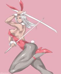 1girl animal_ears breasts dark-skinned_female dark_skin detached_collar dual_wielding elma_(xenoblade_x) fake_animal_ears feet_out_of_frame grey_eyes high_heels highres holding holding_sword holding_weapon katana leotard nintendo pantyhose pink_background playboy_bunny rabbit_ears rabbit_tail red_leotard red_shoes shoes sideboob solo strappy_heels sword tail uya_(yurukah) weapon white_hair wrist_cuffs xenoblade_chronicles_(series) xenoblade_chronicles_x