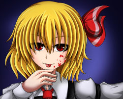 Rule 34 | 1girl, :p, blonde hair, blood, blood on face, blouse, hair ribbon, outstretched arm, red eyes, ribbon, rumia, shirt, short hair, suikyou (aqua cities), tongue, tongue out, touhou, vest