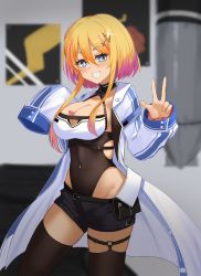Rule 34 | + +, 1girl, anchor symbol, azur lane, belt pouch, black leotard, black shorts, blonde hair, blue eyes, blurry, blurry background, blush, breast tattoo, breasts, cleavage, coat, commentary request, covered navel, cowboy shot, glint, grin, groin, hair between eyes, hair ornament, hairclip, hands up, heart, heart tattoo, highres, kuwahara taiki, large breasts, leotard, leotard under clothes, looking at viewer, marblehead (azur lane), midriff, multicolored hair, navel piercing, open clothes, open coat, piercing, pink hair, poster (object), pouch, punching bag, short hair with long locks, short shorts, shorts, sidelocks, sleeves past fingers, sleeves past wrists, smile, solo, standing, tattoo, thigh strap, thighhighs, two-tone hair, v, white coat