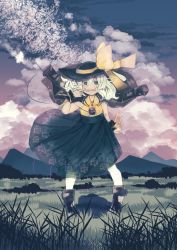 Rule 34 | 1girl, black footwear, black hat, boots, bow, bright pupils, buttons, clenched teeth, cloud, cloudy sky, culotte (hosenrock), diamond button, eyeball, floating clothes, floral print, frilled shirt collar, frills, frown, full body, green eyes, green skirt, hat, hat bow, hat ribbon, heart, heart of string, highres, jacket, komeiji koishi, leather, leather jacket, light green hair, looking at viewer, medium hair, mountain, mountainous horizon, outdoors, ribbon, rose print, sharp teeth, shirt, skirt, sky, sleeveless, sleeveless shirt, solo, tears, teeth, third eye, touhou, wavy hair, white pupils, yellow bow, yellow ribbon, yellow shirt