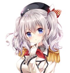 Rule 34 | 10s, 1girl, :o, blue eyes, blush, breasts, buttons, epaulettes, frilled sleeves, frills, gloves, index finger raised, kantai collection, kashima (kancolle), kerchief, long sleeves, looking at viewer, medium breasts, military, military uniform, neckerchief, nogi takayoshi, sidelocks, silver hair, solo, twintails, uniform, upper body, wavy hair, white gloves