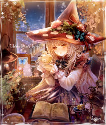 Rule 34 | 1girl, absurdres, artist name, black bow, black bowtie, blue nails, blurry, blurry foreground, blush, book, bow, bowtie, bug, butterfly, christmas, food-themed hair ornament, framed, grey skirt, hair ornament, hat, hat bow, highres, holding, indoors, insect, komorihikki, long hair, long sleeves, mushroom hair ornament, nail polish, original, parted lips, red bow, red hat, shirt, sitting, skirt, snowing, solo, very long hair, white hair, white shirt, witch, witch hat, yellow eyes