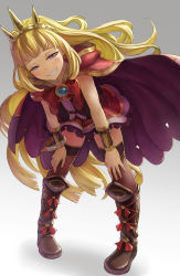 Rule 34 | 10s, 1girl, bent over, blonde hair, boots, bow, bracelet, brooch, brown thighhighs, cagliostro (granblue fantasy), cape, cross-laced footwear, crown, granblue fantasy, grin, half-closed eyes, highres, jewelry, knee boots, kurione (zassou), long hair, looking at viewer, purple eyes, shirt, skirt, smile, smug, solo, thighhighs, thighs, very long hair, zettai ryouiki