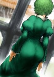 Rule 34 | 1girl, arched back, ass, breasts, commentary request, dress, from behind, green dress, green hair, hip focus, hut, large breasts, long sleeves, puffy sleeves, short hair, soga no tojiko, solo, tight dress, touhou, window, yuugatou (yuuzutu)