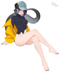 Rule 34 | 1girl, absurdres, arknights, artist name, asbestos (arknights), bare legs, barefoot, baseball cap, black hair, blush, bottomless, breasts, dutou, ear blush, earrings, eyepatch, fingernails, full body, green eyes, hair over one eye, hat, headphones, highres, impossible clothes, impossible shirt, jewelry, crossed legs, long fingernails, medium breasts, nail polish, navel, sharp teeth, shirt, simple background, sitting, solo, tail, teeth, toenail polish, toenails, torn clothes, white background