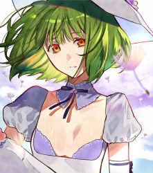 Rule 34 | 1girl, absurdres, alternate costume, breasts, brown eyes, dandelion seed, detached collar, flat chest, floating hair, green hair, hat, highres, juliet sleeves, long sleeves, looking at viewer, low neckline, macross, macross frontier, macross frontier: sayonara no tsubasa, parted lips, pote-mm, puffy sleeves, ranka lee, small breasts, solo, sun hat