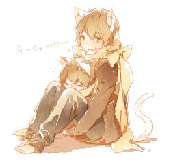 Rule 34 | &gt; &lt;, 2boys, animal ear fluff, animal ears, barefoot, blush, bow, brown eyes, brown hair, brown sweater, cat ears, cat tail, chibi, clone, flying sweatdrops, grey pants, hair between eyes, hugging own legs, indie utaite, kemonomimi mode, knees up, long sleeves, multiple boys, open mouth, pants, rella, scarf, shadow, shoose, short hair, simple background, sitting, sitting on lap, sitting on person, sleeves past wrists, sweater, tail, toes, utaite, wavy mouth, white background, yellow bow, yellow scarf