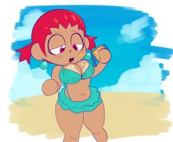 Rule 34 | 1girl, animal crossing, bare shoulders, beach, bikini, bikini skirt, blue bikini, blue sky, blush stickers, border, bottle, breasts, cleavage, cloud, dark-skinned female, dark skin, day, earrings, facial tattoo, female focus, flat color, hair tie, half-closed eyes, hands up, hexanne, highleg, highleg bikini, highres, holding, holding bottle, jewelry, jpeg artifacts, large breasts, leaf print, looking down, lotion, navel, nintendo, open mouth, outdoors, outside border, pink eyes, red hair, sand, shiny skin, short hair, sidelocks, simple background, sky, solo, standing, stomach, sunscreen, swimsuit, tan, tanline, tattoo, teeth, tongue, twintails, villager (animal crossing), white border