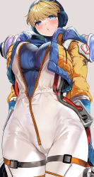 Rule 34 | 1girl, animification, apex legends, blue bodysuit, blush, bodysuit, breasts, facial scar, highres, jacket, large breasts, long sleeves, looking at viewer, marushin (denwa0214), open mouth, orange jacket, scar, scar on cheek, scar on face, short hair, solo, wattson (apex legends), white bodysuit
