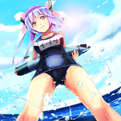 Rule 34 | 10s, 1girl, blue hair, breasts, casual peeing, hair ribbon, highres, i-19 (kancolle), infinote, kantai collection, large breasts, long hair, name tag, one-piece swimsuit, pee, peeing, peeing self, personification, public indecency, purposeful wetting, red eyes, ribbon, school swimsuit, solo, standing, star-shaped pupils, star (symbol), sunlight, swimsuit, symbol-shaped pupils, torpedo, twintails, wet, wet clothes, wet swimsuit