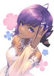 Rule 34 | 1girl, announ (kurotya), bare shoulders, blush, closed mouth, collar, commentary request, dark-skinned female, dark skin, detached collar, detached sleeves, dress, fate/grand order, fate/prototype, fate/prototype: fragments of blue and silver, fate (series), floral background, frilled collar, frilled dress, frilled sleeves, frills, hassan of serenity (fate), hassan of serenity (lostroom outfit) (fate), highres, looking at viewer, lostroom outfit (fate), purple eyes, purple hair, short hair, solo, swept bangs, white background, white dress