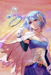 Rule 34 | 1girl, arm at side, beamed sixteenth notes, belt, blue eyes, blue hair, blue skirt, breasts, cape, closed mouth, detached sleeves, eighth note, eyelashes, facing viewer, floating hair, fortissimo, frills, gloves, gradient background, hair ornament, hairclip, hand up, head tilt, highres, index finger raised, light particles, lin nulixiulian, looking up, mahou shoujo madoka magica, mahou shoujo madoka magica (anime), medium breasts, miki sayaka, musical note, musical note hair ornament, orange background, purple background, red background, sad, shaded face, short hair, skirt, solo, soul gem, staff (music), strapless, torn cape, torn clothes, upper body, white cape, white gloves, yellow background