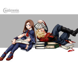 Rule 34 | ascot, blonde hair, blue eyes, blue thighhighs, book, bookmark, boots, brown hair, capelet, castlevania (series), castlevania: portrait of ruin, charlotte aulin, crossed legs, english text, green eyes, ichiji shiki, jonathan morris, knee boots, konami, long hair, lying, official art, on back, one eye closed, open book, reading, shoes, short hair, sitting, skirt, thighhighs, wink, zettai ryouiki