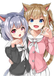 Rule 34 | 2girls, :d, absurdres, animal ears, black cardigan, black ribbon, blue eyes, braid, brown hair, cardigan, cat ears, cat girl, cat hair ornament, cat tail, collarbone, commentary request, fangs, hair ornament, hair ribbon, hand on another&#039;s hip, hand up, highres, long hair, multiple girls, neckerchief, open mouth, original, paw pose, pink cardigan, pleated skirt, red eyes, red ribbon, ribbon, sailor collar, silver hair, simple background, skirt, smile, sora (silent square), striped tail, tail, tail raised, two side up, white background, white neckerchief, white sailor collar, white skirt