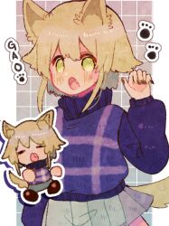 Rule 34 | animal ear fluff, animal ears, arm up, black nails, blonde hair, blue skirt, blush, chibi, chibi inset, closed mouth, commentary, cowboy shot, double-parted bangs, fang, fingernails, flipped hair, grid background, hand up, highres, long sleeves, looking to the side, medium hair, miniskirt, n a i neko, no nose, open mouth, outline, paw pose, paw print, plaid, plaid background, pleated skirt, puffy long sleeves, puffy sleeves, purple sweater, shoes, sidelocks, simple background, skirt, sweater, symbol-only commentary, tail, tareme, turtleneck, turtleneck sweater, unusually open eyes, urotsuki, white background, white outline, wolf ears, wolf girl, wolf tail, yellow eyes, yume 2kki