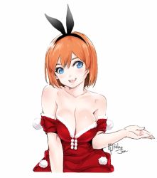 Rule 34 | 1girl, :d, animal ears, artist name, bare shoulders, black hairband, blue eyes, blush, breasts, closed eyes, collarbone, cropped torso, dress, fake animal ears, fur-trimmed dress, fur-trimmed sleeves, fur trim, go-toubun no hanayome, hairband, large breasts, looking at viewer, nakano yotsuba, open mouth, orange hair, pom pom (clothes), rabbit ears, red dress, relaxjon, santa costume, short hair, signature, simple background, smile, solo, strapless, strapless dress, teeth, upper body, upper teeth only, white background