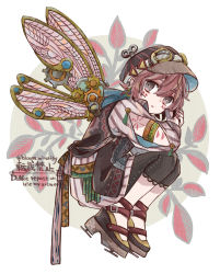 Rule 34 | 1boy, arm tattoo, black eyes, bloomminority, boots, brown hair, fantasy, floral print, full body, goggles, hat, highres, looking at viewer, male focus, original, parted lips, short hair, solo, steampunk, tattoo, white background, wings