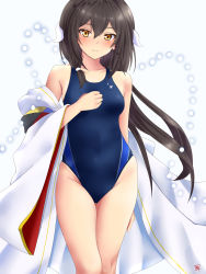 Rule 34 | alteeno, alternate costume, azur lane, beads, blue one-piece swimsuit, blush, breasts, coat, collarbone, competition swimsuit, covered navel, cowboy shot, curled horns, hair between eyes, hand on own chest, highres, horn ornament, horns, long hair, looking at viewer, mikasa (azur lane), one-piece swimsuit, prayer beads, rosary, sebunsu, simple background, small breasts, smile, solo, standing, swimsuit, swimsuit under clothes, white background, yellow eyes, z flag