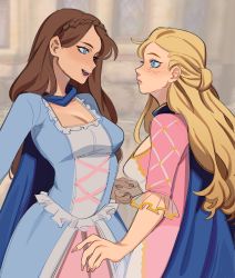 Rule 34 | 2girls, absurdres, animification, anneliese (barbie), bad id, bad twitter id, barbie (franchise), barbie as the princess and the pauper, barbie movies, blonde hair, blue cape, blue dress, blue eyes, breasts, brown hair, cape, cleavage, dress, erika (barbie), fingernails, highres, holding hands, long fingernails, long hair, medium breasts, multiple girls, pink dress, porqueloin, princess and the pauper, yuri
