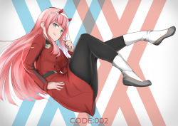 Rule 34 | 10s, 1girl, absurdres, aqua eyes, black pantyhose, boots, candy, darling in the franxx, floating, food, hairband, hand on own hip, highres, holding, holding food, horns, lollipop, long hair, mr2d, pantyhose, pilot suit, pink hair, solo, tongue, tongue out, white footwear, white hairband, zero two (darling in the franxx)