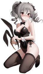 Rule 34 | 1girl, animal ears, ass, bare shoulders, black leotard, blush, bow, bowtie, breasts, cleavage, commentary request, covered navel, detached collar, drill hair, earrings, embarrassed, fake animal ears, fake tail, grey hair, hair ribbon, highleg, highleg leotard, highres, holding hairband, idolmaster, idolmaster cinderella girls, jewelry, kanzaki ranko, kneeling, kono (116), leotard, medium breasts, playboy bunny, rabbit ears, red eyes, ribbon, side-tie leotard, solo, tail, thighhighs, traditional bowtie, twin drills, wrist cuffs