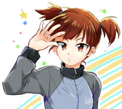 Rule 34 | 10s, 1girl, brown eyes, brown hair, gaa (butsugen), girls und panzer, jacket, keizoku military uniform, mikko (girls und panzer), short hair, short twintails, solo, track jacket, twintails, upper body