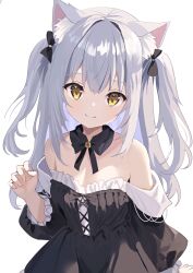Rule 34 | 1girl, animal ear fluff, animal ears, bare shoulders, black dress, breasts, cat ears, cat girl, dress, frilled sleeves, frills, grey hair, highres, long hair, long sleeves, looking at viewer, medium breasts, natsuki (natsu 1936), off-shoulder dress, off shoulder, original, puffy long sleeves, puffy sleeves, simple background, smile, two side up, white background