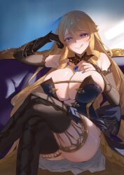 Rule 34 | 1girl, absurdres, areola slip, bare shoulders, black gloves, black thighhighs, blonde hair, blue eyes, blue gemstone, blue nails, breasts, closed mouth, commentary, couch, crossed legs, detached sleeves, dress, gem, genshin impact, gloves, hand on own chest, heart, heart-shaped pupils, highres, huge breasts, licking lips, long hair, looking at viewer, nail polish, naughty face, navia (genshin impact), on couch, raised eyebrows, ringlets, serelith, sidelighting, single glove, sitting, skindentation, solo, strapless, strapless dress, symbol-shaped pupils, thick thighs, thighhighs, thighs, tongue, tongue out, very long hair