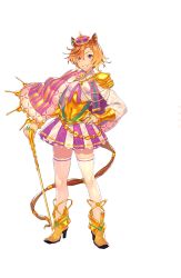 Rule 34 | 1girl, animal ears, boots, full body, gold footwear, grin, hair over one eye, hands on own hips, high heel boots, high heels, highres, horse ears, horse girl, horse tail, official art, purple eyes, short hair, smile, solo, staff, t.m. opera o (umamusume), tail, thighhighs, transparent background, umamusume, yellow footwear, zettai ryouiki