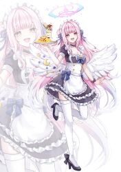 Rule 34 | 1girl, absurdres, alternate costume, angel wings, black choker, blue archive, blush, breasts, choker, cleavage, collarbone, crescent, crescent pin, enmaided, feathered wings, hair bun, highres, large breasts, long hair, looking at viewer, maid, maid headdress, mika (blue archive), open mouth, pink hair, single side bun, smile, solo, thighhighs, white thighhighs, white wings, wings, yellow eyes, yum draw, zoom layer