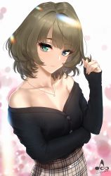 Rule 34 | 1girl, arm under breasts, bare shoulders, black sweater, blue eyes, blush, breasts, brown hair, brown skirt, buttons, cleavage, closed mouth, collarbone, diamond (gemstone), green eyes, green hair, twirling hair, head tilt, heterochromia, high-waist skirt, highres, idolmaster, idolmaster cinderella girls, infinote, jewelry, looking at viewer, medium breasts, mole, mole under eye, necklace, off-shoulder, off-shoulder sweater, off shoulder, short hair, sidelocks, signature, silver, skirt, solo, sweater, takagaki kaede, upper body