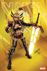 Rule 34 | black footwear, black shirt, black shorts, blonde hair, blue eyes, boots, breasts, cleavage, cleavage cutout, clothing cutout, copyright name, crop top, glowing, glowing weapon, hand on own hip, highres, huge weapon, illyana rasputina, j. scott campbell, large breasts, logo, long hair, looking at viewer, magik (x-men), marvel, navel, shirt, short shorts, shorts, signature, solo, sword, thigh boots, weapon, x-men