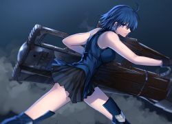 Rule 34 | 1girl, ahoge, bad id, bad twitter id, bare arms, bare shoulders, black skirt, blue dress, blue eyes, blue gloves, blue hair, blue thighhighs, breasts, ciel (tsukihime), closed mouth, commentary request, dress, gloves, highres, holding, holding weapon, looking at viewer, medium breasts, miniskirt, qingtianmian, serious, seventh holy scripture, short hair, skirt, sleeveless, sleeveless dress, solo, thighhighs, tsukihime, tsukihime (remake), weapon
