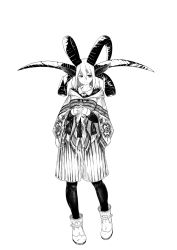 Rule 34 | animal ears, corset, greyscale, highres, horns, interlocked fingers, jaco, looking to the side, medium hair, monochrome, monster girl, original, own hands clasped, own hands together, pantyhose, poncho, simple background, skirt, solo, standing