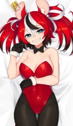Rule 34 | animal ear fluff, animal ears, bare shoulders, bed, bed sheet, black hair, black pantyhose, blue eyes, borealyoaka, bow, bowtie, breasts, cleavage, collar, detached collar, gloves, hair between eyes, hakos baelz, hand up, highleg, holocouncil, hololive, hololive english, large breasts, leotard, long hair, lying, mouse ears, mouse girl, mousetrap, multicolored eyes, multicolored hair, nontraditional playboy bunny, pantyhose, playboy bunny, red hair, smile, solo, strapless, strapless leotard, teeth, thighs, very long hair, virtual youtuber, white hair, yellow eyes