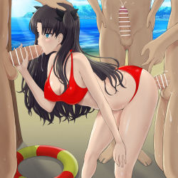 Rule 34 | 1girl, 3boys, ass, beach, bent over, bikini, black hair, black ribbon, blue eyes, breasts, cleavage, clothing aside, covered erect nipples, cum, cum in mouth, cum in pussy, doggystyle, double penetration, ejaculation, erection, fate/stay night, fate (series), feet, fellatio, group sex, hair ribbon, hand on another&#039;s head, hand on own thigh, handjob, harakiri gozen, highres, large breasts, multiple boys, ocean, oral, parted bangs, penis, red bikini, ribbon, sex, sex from behind, spitroast, standing, standing sex, swimsuit, swimsuit aside, thighs, tohsaka rin, twintails, two side up, vaginal, water