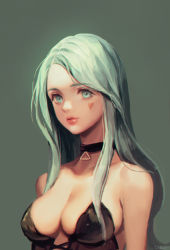 Rule 34 | 1girl, artist name, bare shoulders, black neckwear, breasts, caesty, choker, cleavage, collarbone, dress, eyelashes, facial mark, green background, green eyes, green hair, heart, heart facial mark, large breasts, lips, lipstick, long hair, looking at viewer, makeup, nose, original, parted bangs, parted lips, pink lips, simple background, solo, strapless, strapless dress, upper body
