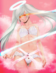 Rule 34 | 1girl, bad id, bad pixiv id, bra, halo, highres, lingerie, long hair, mole, mole under mouth, original, panties, silver hair, smile, solo, stradivari, strap slip, twintails, underwear, underwear only