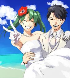 Rule 34 | 1boy, 1girl, absurdres, admiral (kancolle), bandaid, bandaid on face, beach, bead necklace, beads, black hair, blue sky, carrying, cloud, day, dress, flower, formal, gloves, green hair, grin, hair flower, hair ornament, highres, jewelry, kantai collection, necklace, necktie, ocean, open mouth, princess carry, roru (lol dessin), shore, sky, smile, strapless, strapless dress, suit, suke (singekijyosei), tuxedo, twintails, v, wedding dress, white dress, white gloves, white neckwear, white suit, zuikaku (kancolle)
