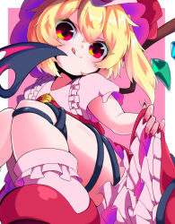 Rule 34 | 1girl, :q, ascot, blonde hair, bobby socks, fingernails, flandre scarlet, frilled shirt collar, frilled skirt, frilled socks, frills, from below, hair between eyes, hat, laevatein (touhou), looking at viewer, looking down, medium hair, mob cap, multicolored wings, nail polish, pink background, puffy short sleeves, puffy sleeves, qmu, red eyes, red footwear, red nails, red skirt, red vest, sharp fingernails, shirt, short sleeves, side ponytail, simple background, skirt, skirt hold, socks, solo, tongue, tongue out, touhou, vest, white shirt, wings, yellow ascot