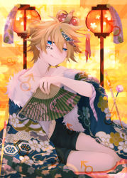 Rule 34 | 1boy, blonde hair, blue eyes, collarbone, crown, hand fan, floral print, full body, fur, gigantic o.t.n (vocaloid), hanairi kikkou, highres, honeycomb pattern, japanese clothes, kagamine len, lantern, licking lips, looking at viewer, male focus, mars symbol, multicolored hair, rei (uupaa3), sitting, smile, solo, tongue, tongue out, traditional clothes, vocaloid