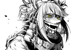 Rule 34 | 1girl, blood, boku no hero academia, bruise, commentary request, double bun, fangs, hair bun, injury, looking away, messy hair, monochrome, open mouth, school uniform, short hair, simple background, solo, takatsuki ichi, teeth, toga himiko, upper body, white background, yellow eyes