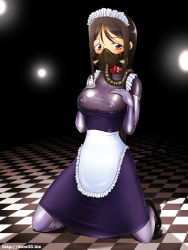 Rule 34 | 1girl, blush, bodysuit, bodysuit under clothes, brown eyes, brown hair, checkered floor, collar, dom03, elbow gloves, floor, gloves, highres, latex, latex suit, long hair, maid, maid headdress, mary janes, shoes, thighhighs