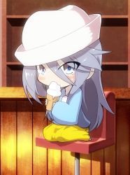 Rule 34 | 1girl, aged down, bar (place), blouse, blue eyes, blue shirt, blush stickers, chair, child, commentary, dixie cup hat, eating, eyes visible through hair, flint (girls und panzer), food, full body, girls und panzer, hat, highres, holding, holding food, ice cream cone, indoors, jinguu (4839ms), kindergarten uniform, long hair, long skirt, long sleeves, looking at viewer, military hat, pleated skirt, shirt, silver hair, sitting, skirt, solo, tilted headwear, white hat, yellow skirt