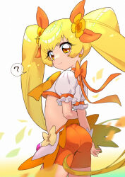 Rule 34 | 1girl, ?, amesafu, bike shorts, bike shorts under skirt, blonde hair, commentary request, cure sunshine, earrings, eyelashes, hair ornament, happy, heartcatch precure!, highres, jewelry, long hair, looking at viewer, magical girl, midriff, myoudouin itsuki, orange shorts, potpourri (heartcatch precure!), precure, puffy short sleeves, puffy sleeves, ribbon, short sleeves, shorts, shorts under skirt, skirt, smile, solo, speech bubble, standing, twintails, very long hair, yellow eyes